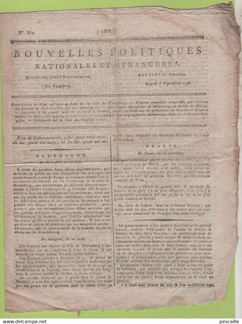 NOUVELLES POLITIQUES 03 09 1796 - FRANCFORT - STUTTGART - GENERAL ERNOUF / CHAMPIONNET - LACRETELLE ITALIE - - Journaux Anciens - Avant 1800