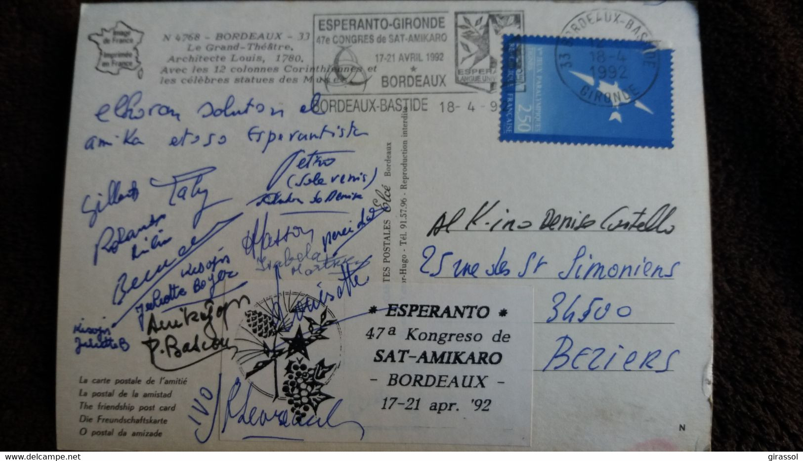 CPM ESPERANTO BORDEAUX GIRONDE  LE GRAND THEATRE 12 COLONNES STATUES MUSEE   1992 ELCE - Esperanto