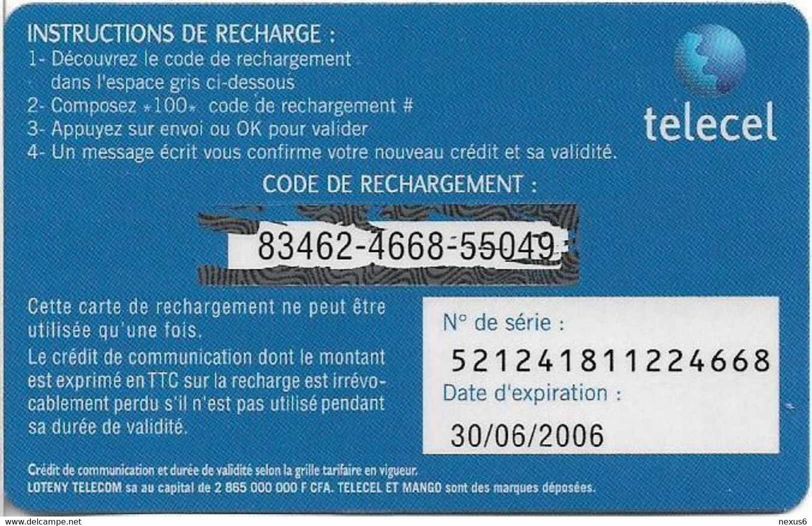 Ivory Coast - Telecel De Loteny - Roaming Prépayé, Exp.30.06.2006, GSM Refill 5.000FCFA, Used - Ivoorkust