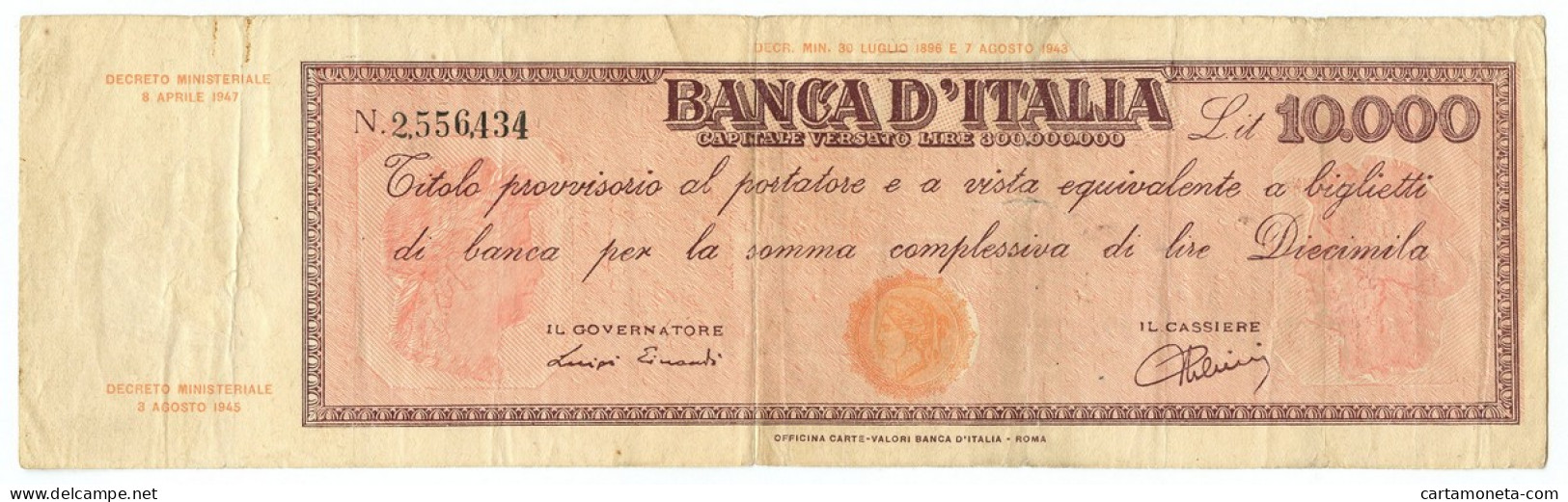 10000 LIRE FALSO D'EPOCA TITOLO PROVVISORIO TESTINA REPUBBLICA IT 08/04/1947 QBB - [ 8] Specimen