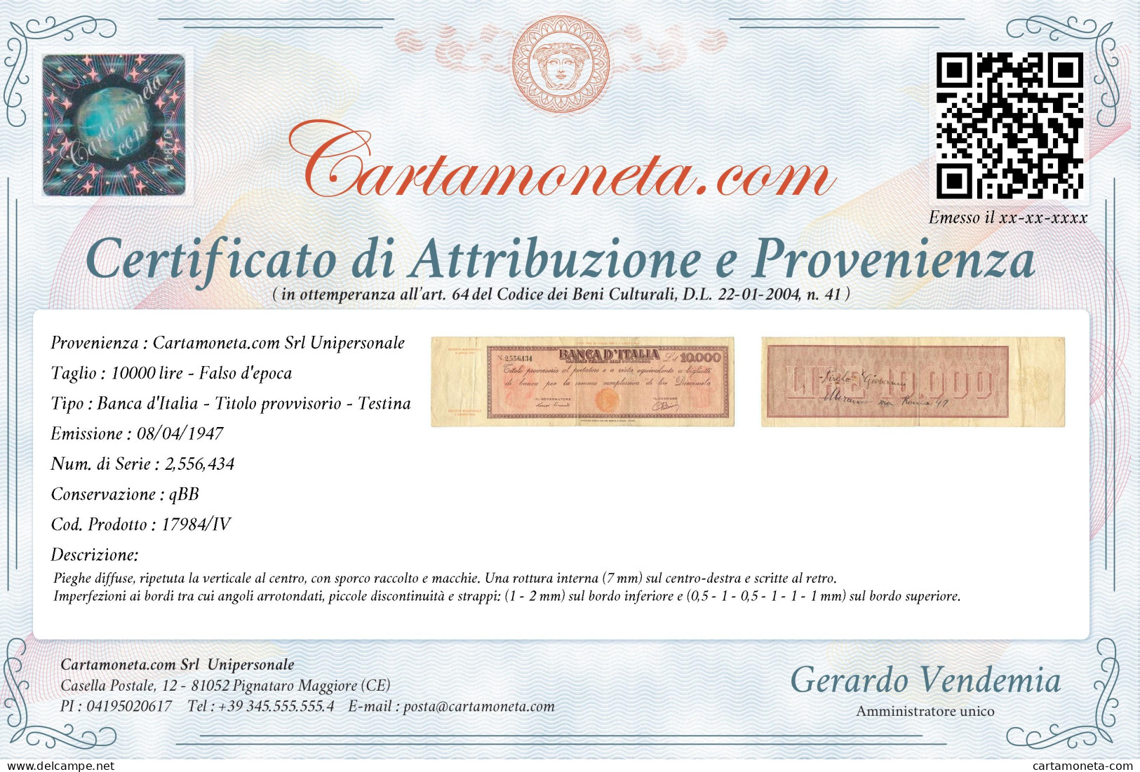 10000 LIRE FALSO D'EPOCA TITOLO PROVVISORIO TESTINA REPUBBLICA IT 08/04/1947 QBB - [ 8] Falsi & Saggi