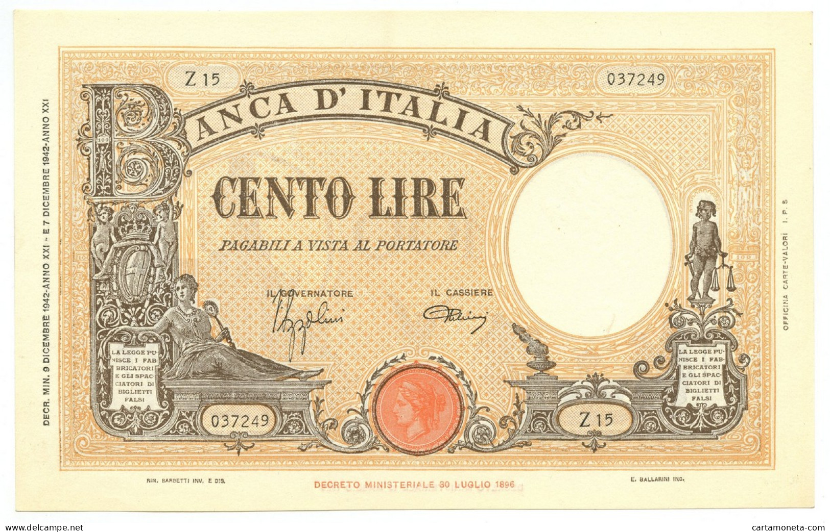 100 LIRE BARBETTI GRANDE B GIALLO TESTINA FASCIO 09/12/1942 QFDS - Regno D'Italia – Autres