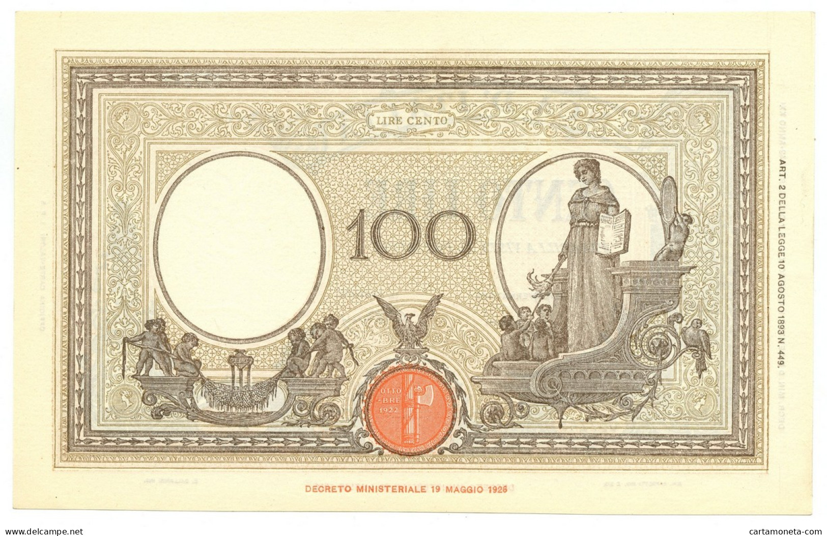 100 LIRE BARBETTI GRANDE B GIALLO TESTINA FASCIO 09/12/1942 QFDS - Regno D'Italia – Autres