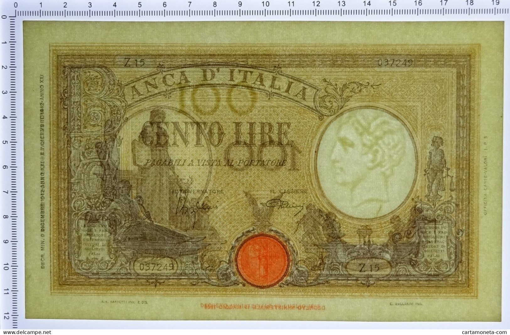 100 LIRE BARBETTI GRANDE B GIALLO TESTINA FASCIO 09/12/1942 QFDS - Regno D'Italia – Autres