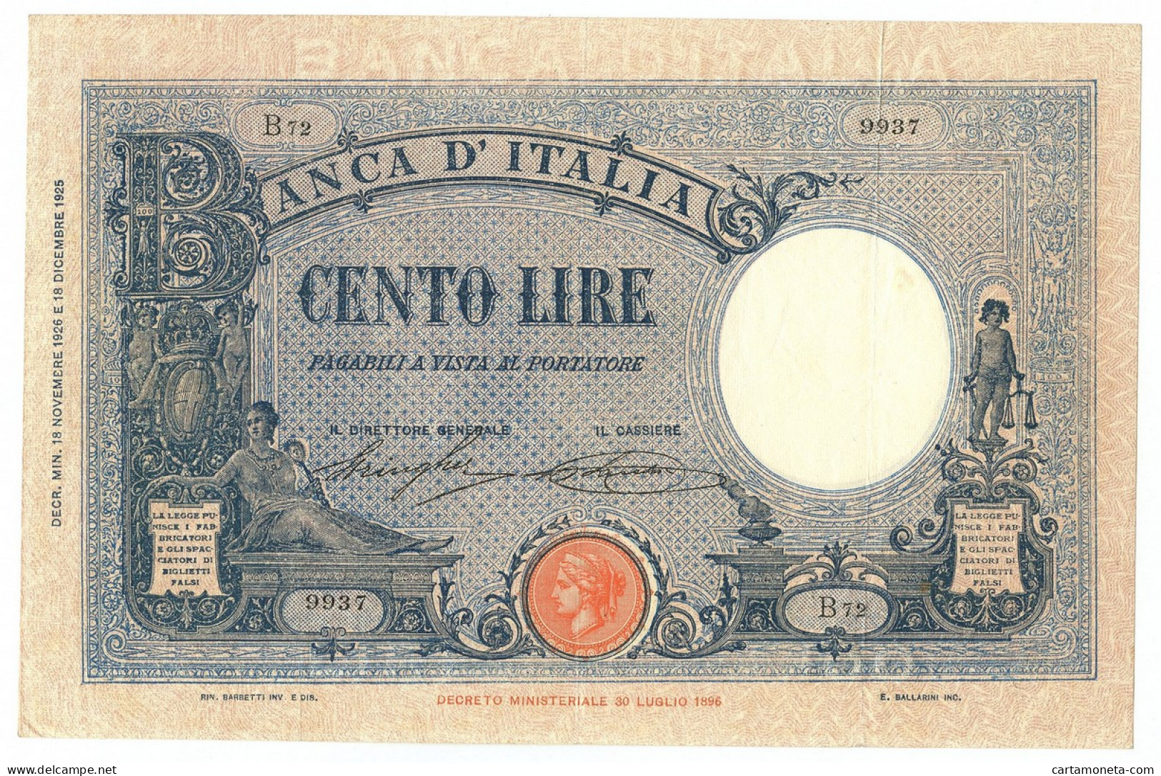 100 LIRE BARBETTI GRANDE B AZZURRO TESTINA FASCIO 18/11/1926 BB/SPL - Regno D'Italia – Autres