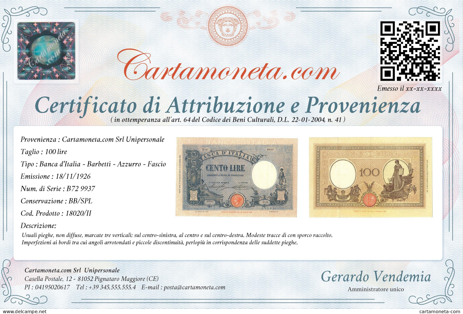 100 LIRE BARBETTI GRANDE B AZZURRO TESTINA FASCIO 18/11/1926 BB/SPL - Regno D'Italia – Autres