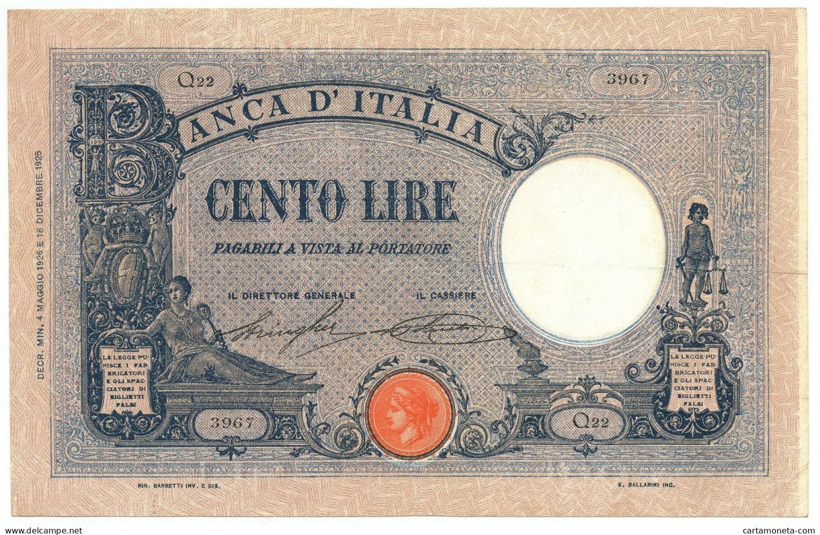 100 LIRE BARBETTI GRANDE B AZZURRO TESTINA DECRETO 04/05/1926 BB/BB+ - Regno D'Italia – Other