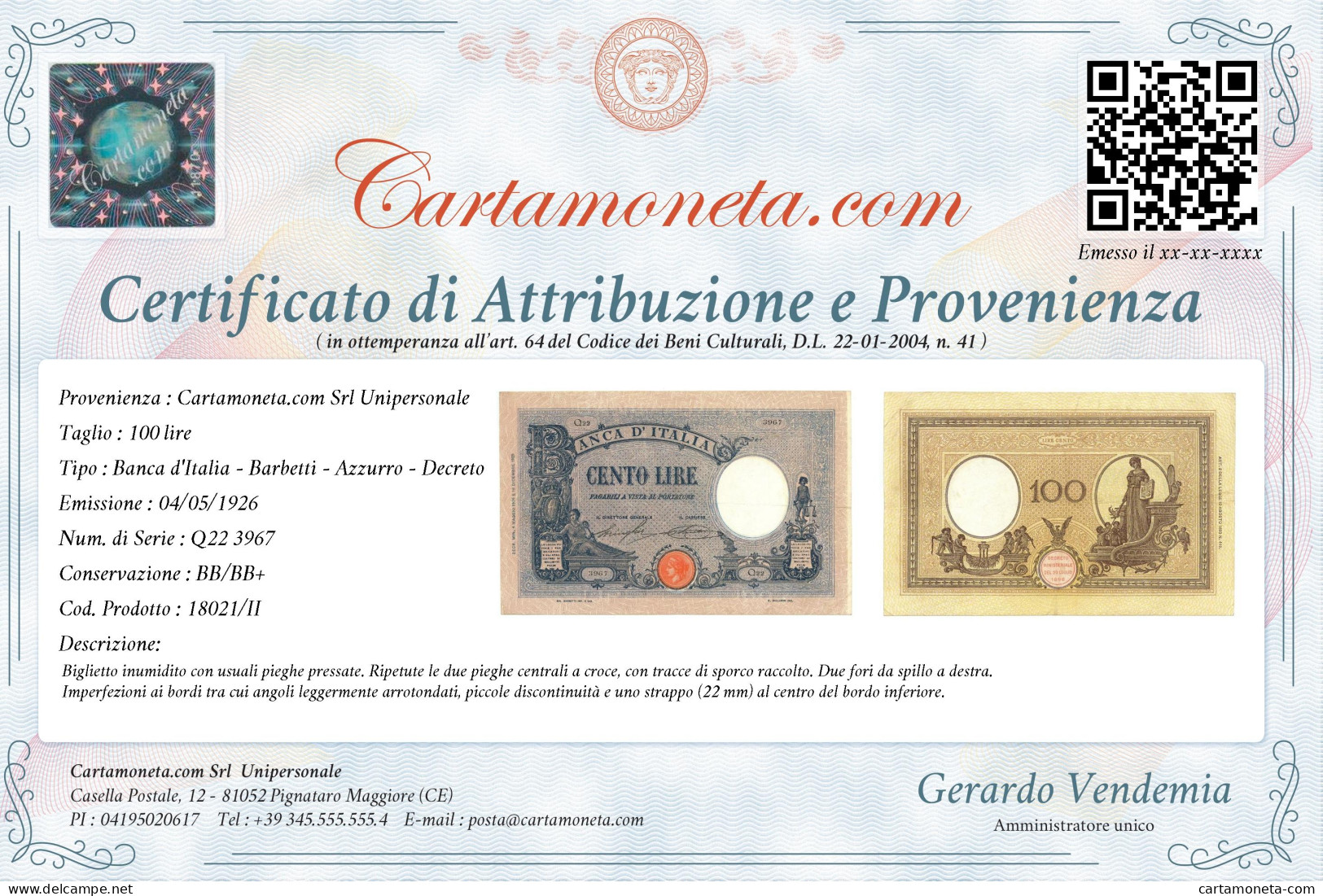 100 LIRE BARBETTI GRANDE B AZZURRO TESTINA DECRETO 04/05/1926 BB/BB+ - Regno D'Italia – Autres