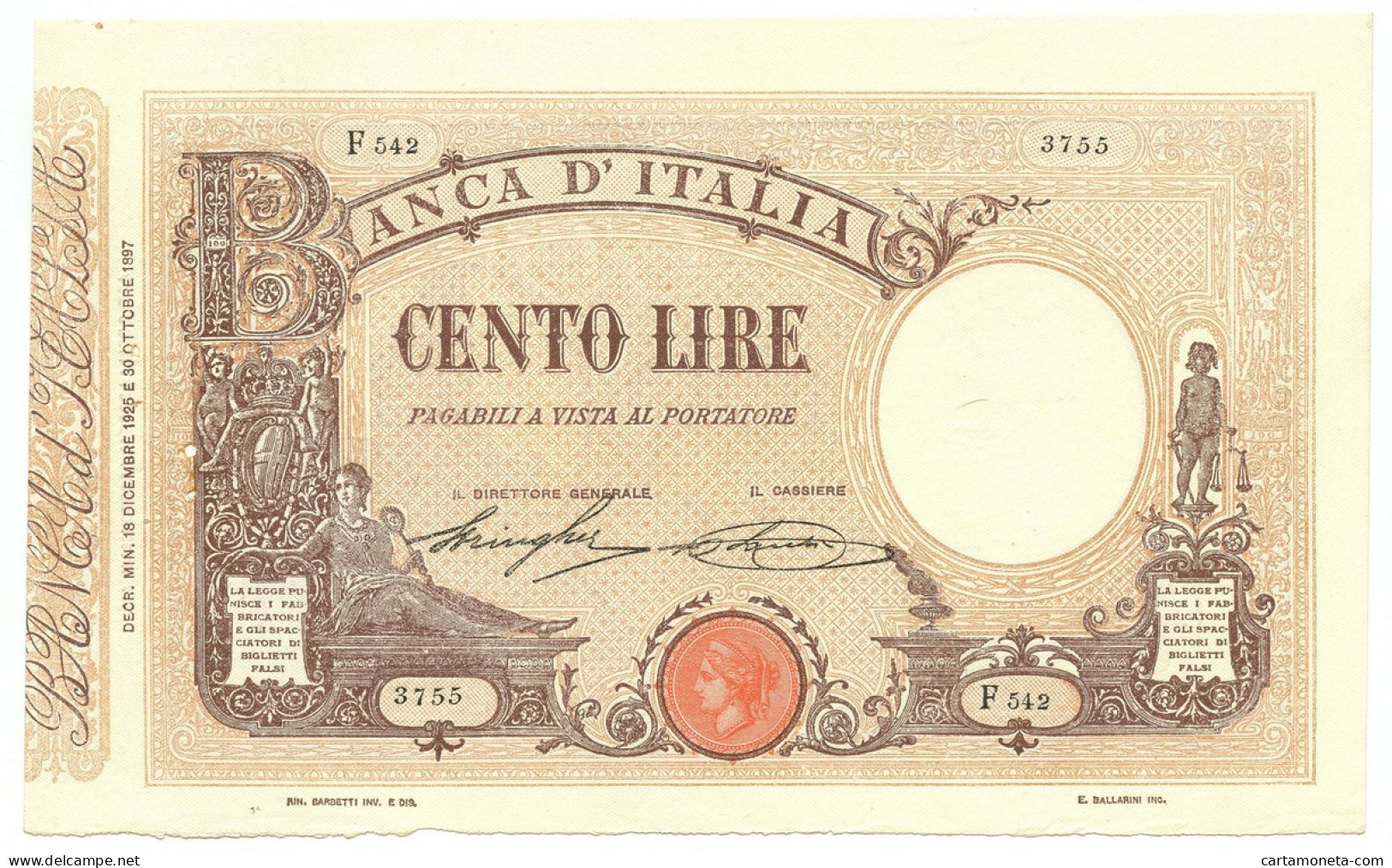 100 LIRE BARBETTI GRANDE B MATRICE LATERALE TESTINA DECRETO 18/12/1925 QSPL - Regno D'Italia – Autres