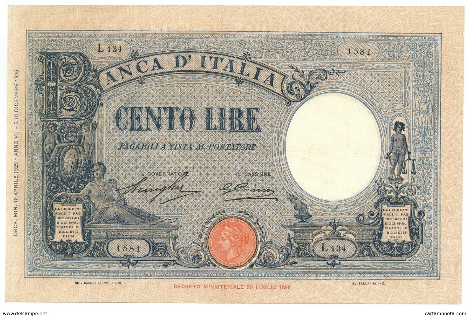 100 LIRE BARBETTI GRANDE B AZZURRO TESTINA FASCIO 12/04/1929 BB+ - Regno D'Italia – Other