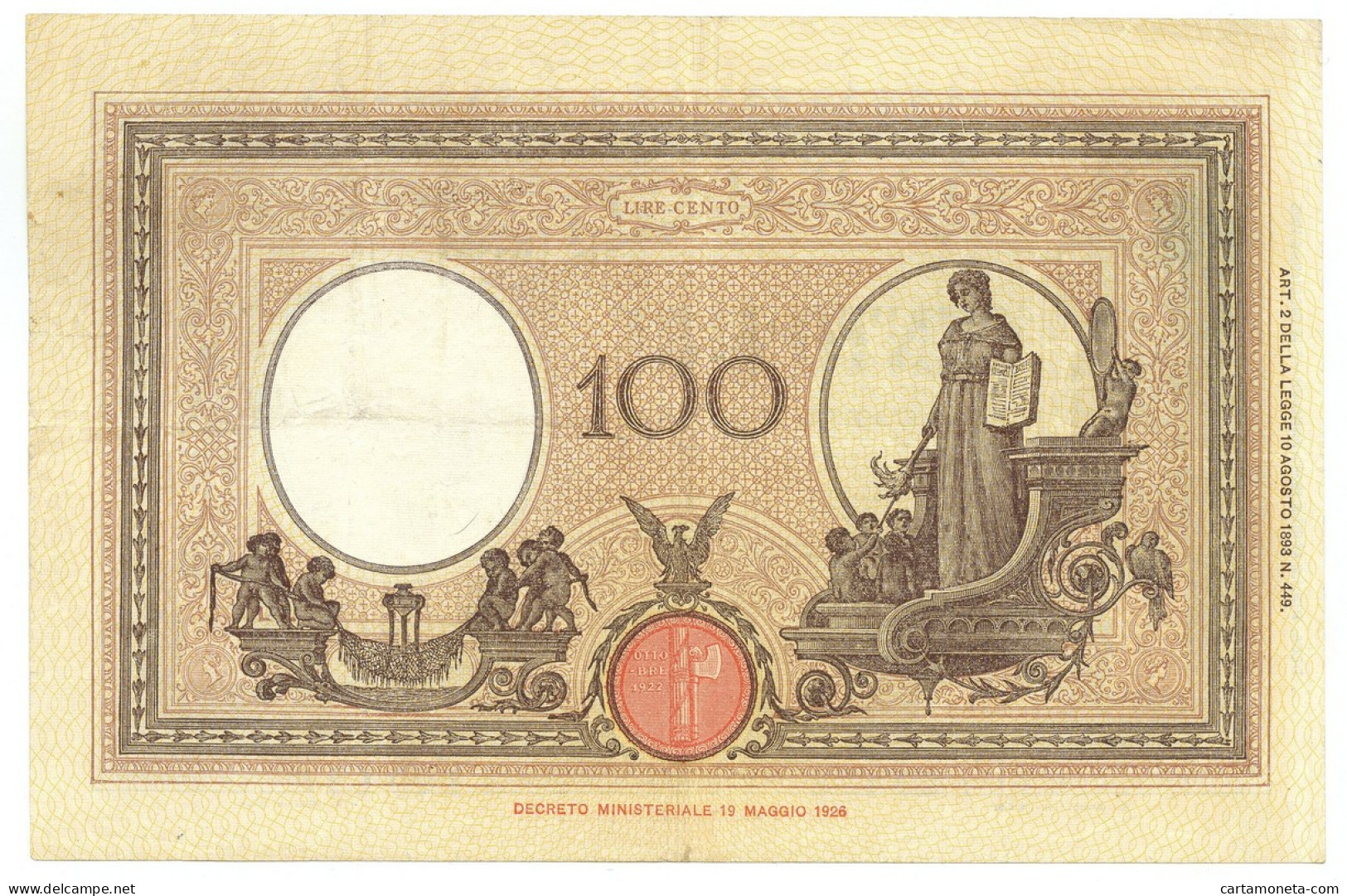 100 LIRE BARBETTI GRANDE B AZZURRO TESTINA FASCIO 12/04/1929 BB+ - Regno D'Italia – Autres