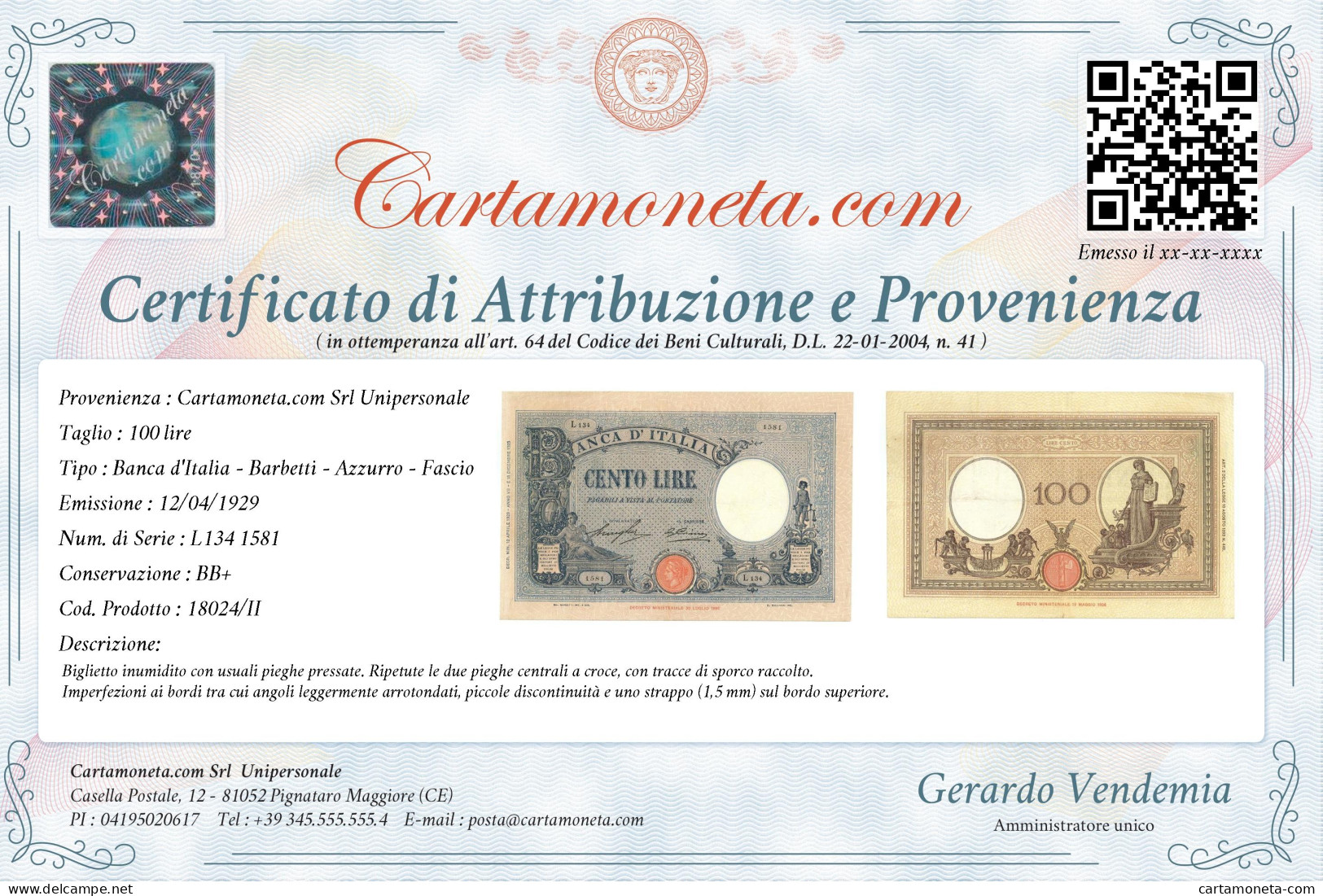 100 LIRE BARBETTI GRANDE B AZZURRO TESTINA FASCIO 12/04/1929 BB+ - Regno D'Italia – Autres