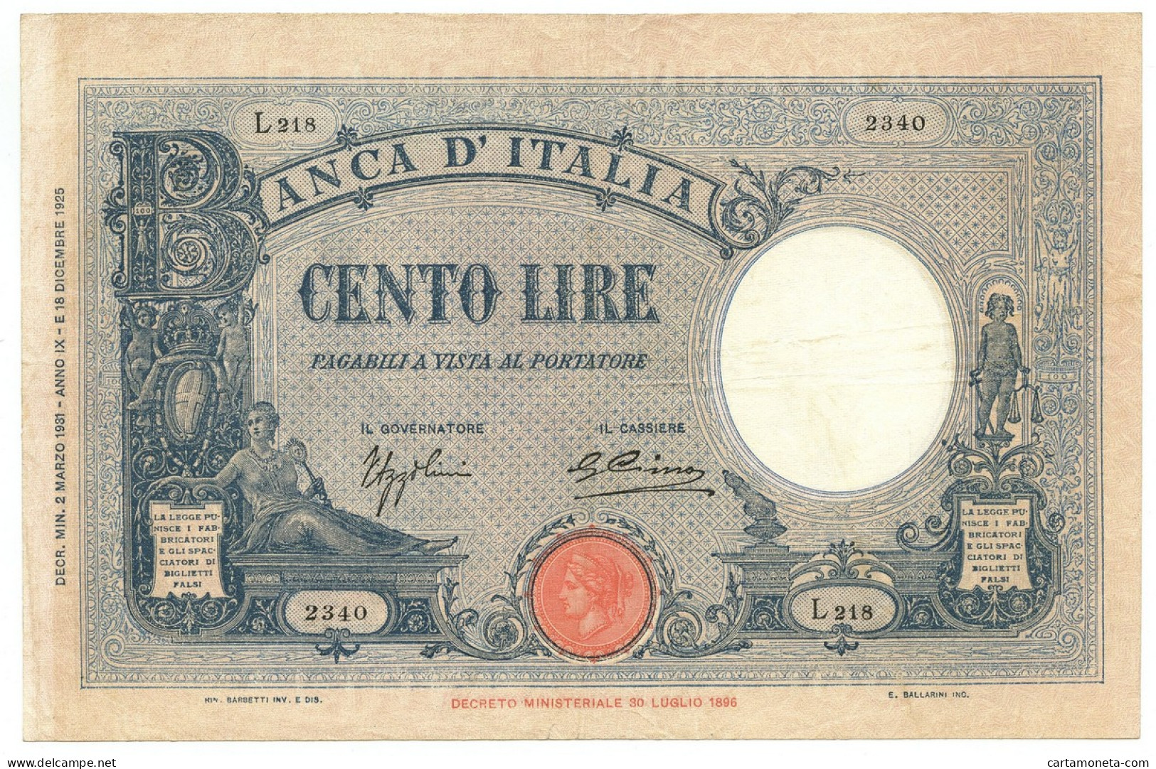 100 LIRE BARBETTI GRANDE B AZZURRO TESTINA FASCIO 02/03/1931 BB+ - Andere