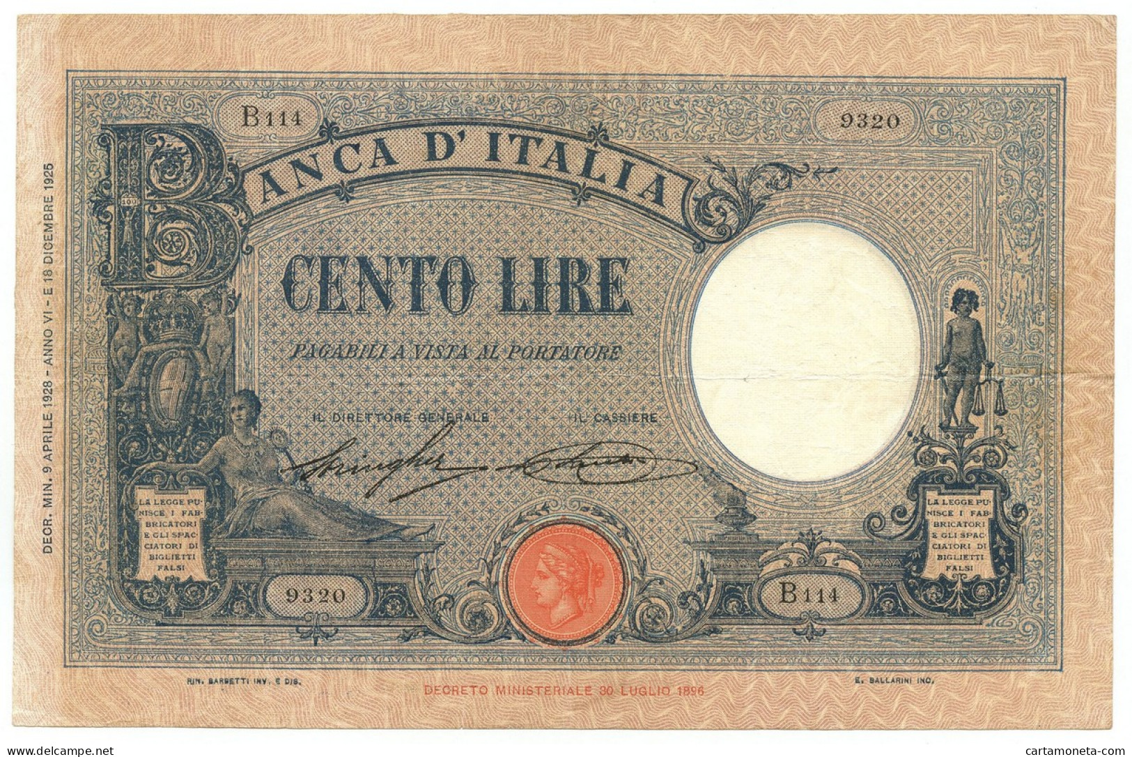 100 LIRE BARBETTI GRANDE B AZZURRO TESTINA FASCIO 09/04/1928 BB/BB+ - Regno D'Italia – Other