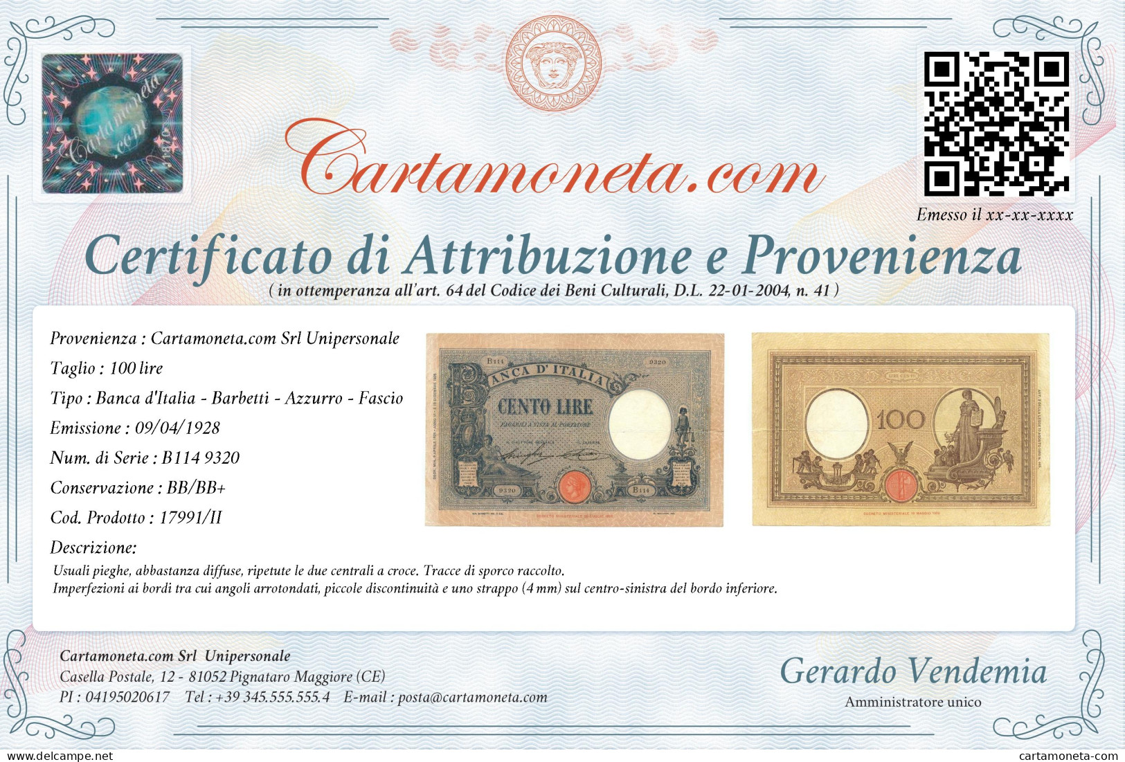 100 LIRE BARBETTI GRANDE B AZZURRO TESTINA FASCIO 09/04/1928 BB/BB+ - Regno D'Italia – Other