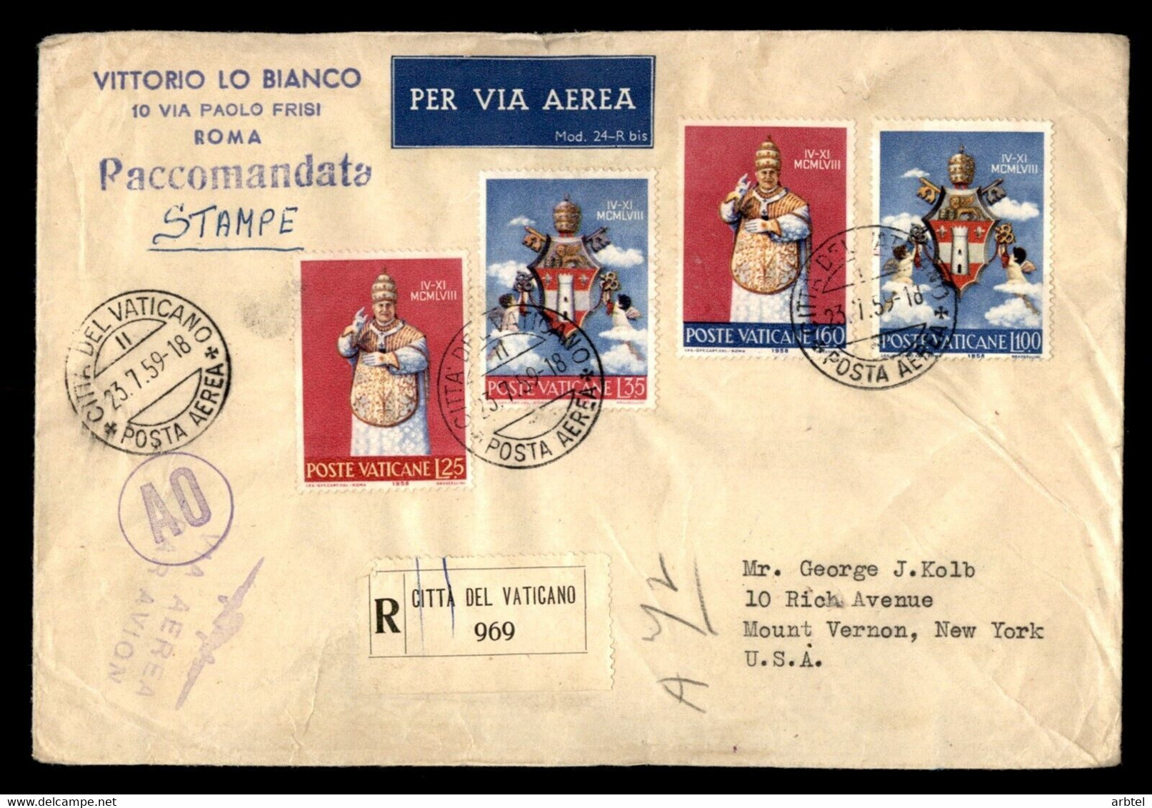 VATICANO CC CERTIFICADA A USA 1959 MARCA TARIFA AO RELIGION PAPA - Lettres & Documents