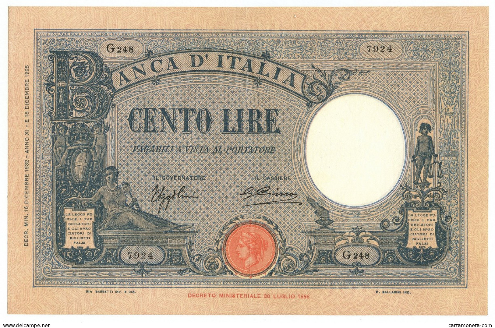 100 LIRE BARBETTI GRANDE B AZZURRO TESTINA FASCIO 16/12/1932 SPL- - Andere