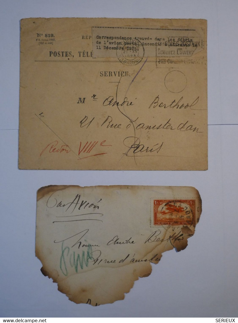 BO3 MAROC FRANCE  TRES RARE   BEL ENS. DE 2 LETTRES    ACCIDENT DU 11 DEC.1925 On A Renvoyé Par Courrier La 1ere++++ - Lettres Accidentées