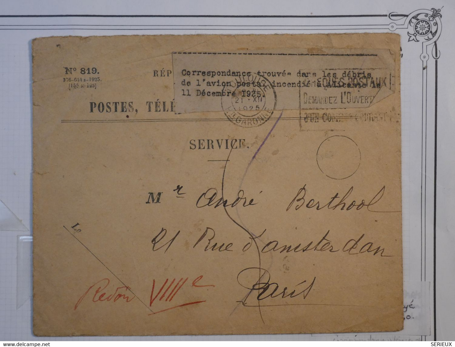 BO3 MAROC FRANCE  TRES RARE   BEL ENS. DE 2 LETTRES    ACCIDENT DU 11 DEC.1925 On A Renvoyé Par Courrier La 1ere++++ - Crash Post