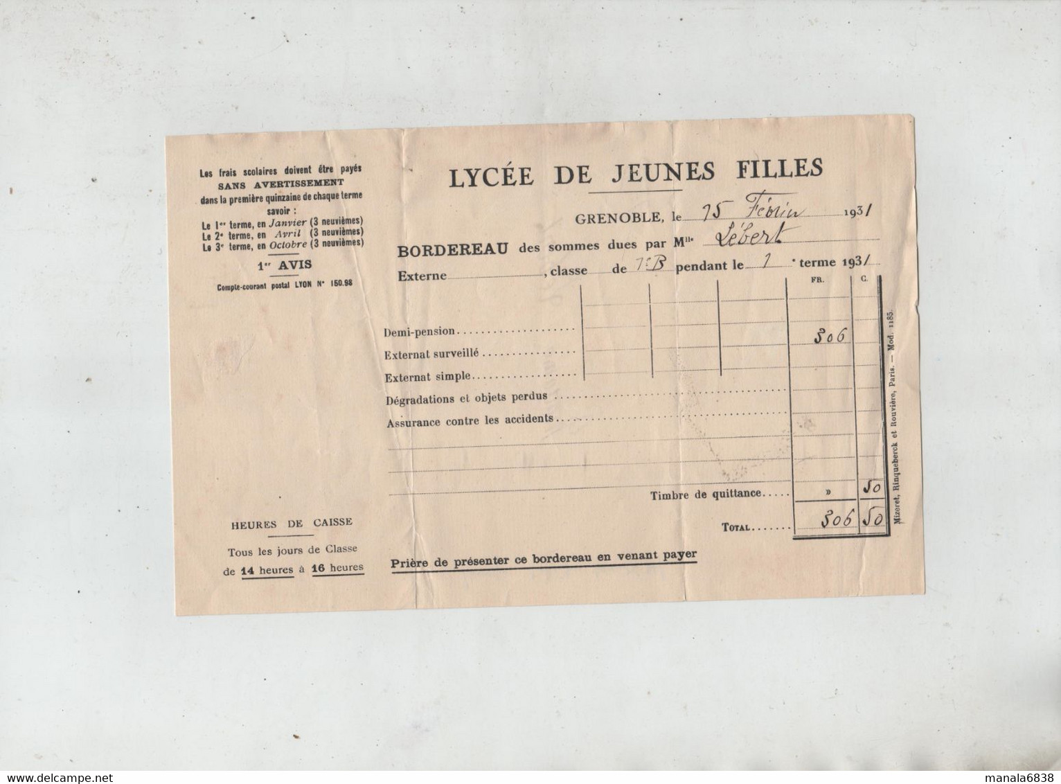 Lycée De Jeunes Filles Grenoble 1931 Lébert - Diplômes & Bulletins Scolaires