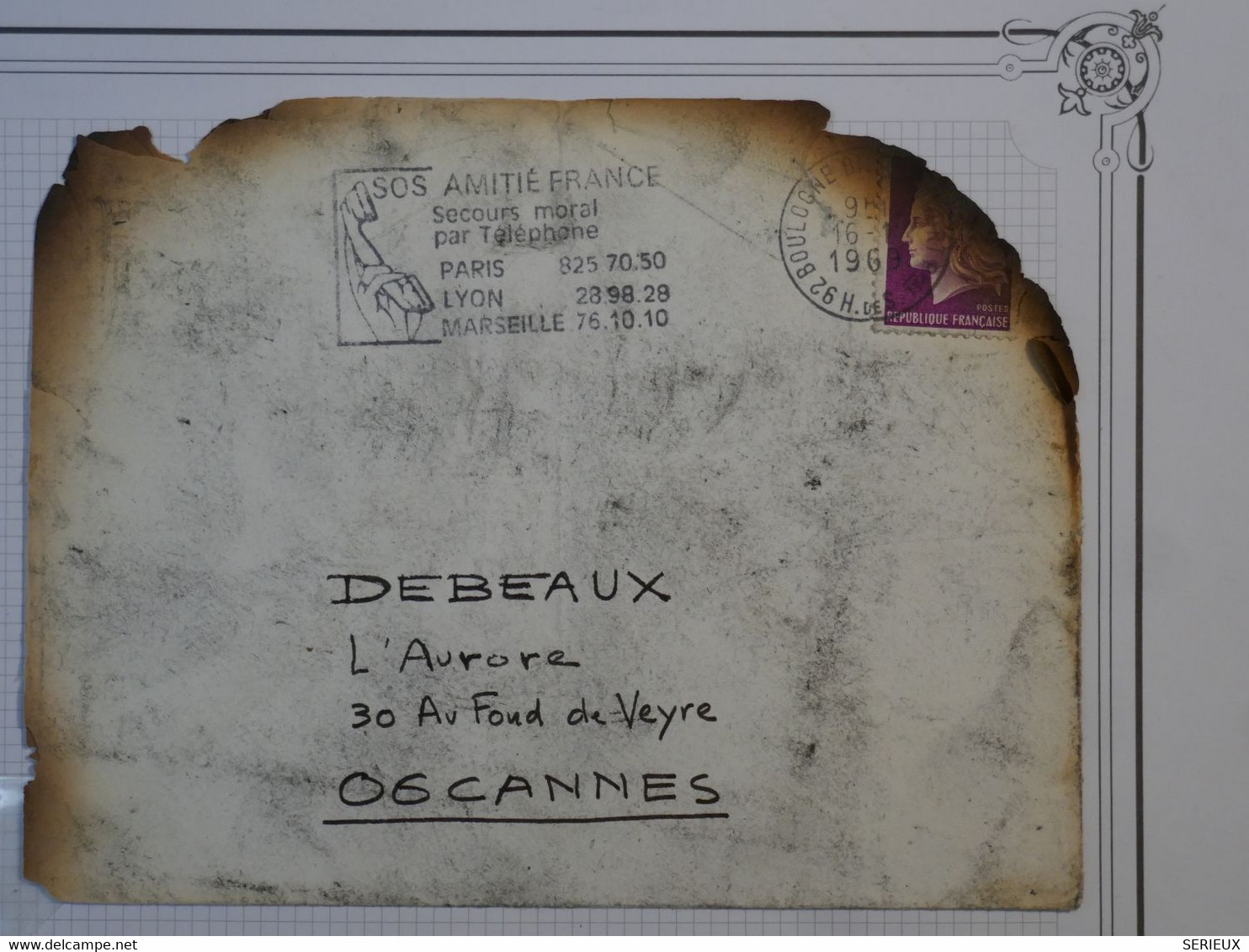 BO3 FRANCE  RARE LETTRE INCENDIE BD BRUNE PARIS 1969 CANNES  +LETTRE VOIR AU DOS ++++++ - Lettres Accidentées