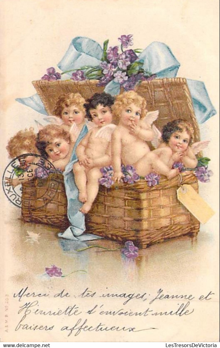 Fantaisies - Chérubins Dans Un Panier En Osier - Colorisé - Précurseur - Colorisé - Carte Postale Ancienne - Bébés