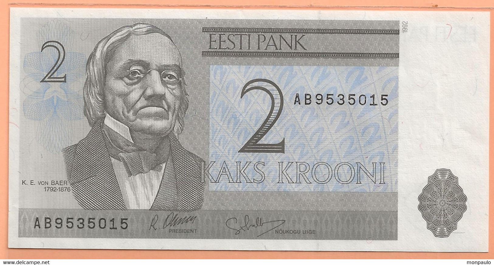 Billets. Estonia. Eesti Pank. 2 Krooni. K. E. Von Baer.1992. N°AB9535015 - Estland