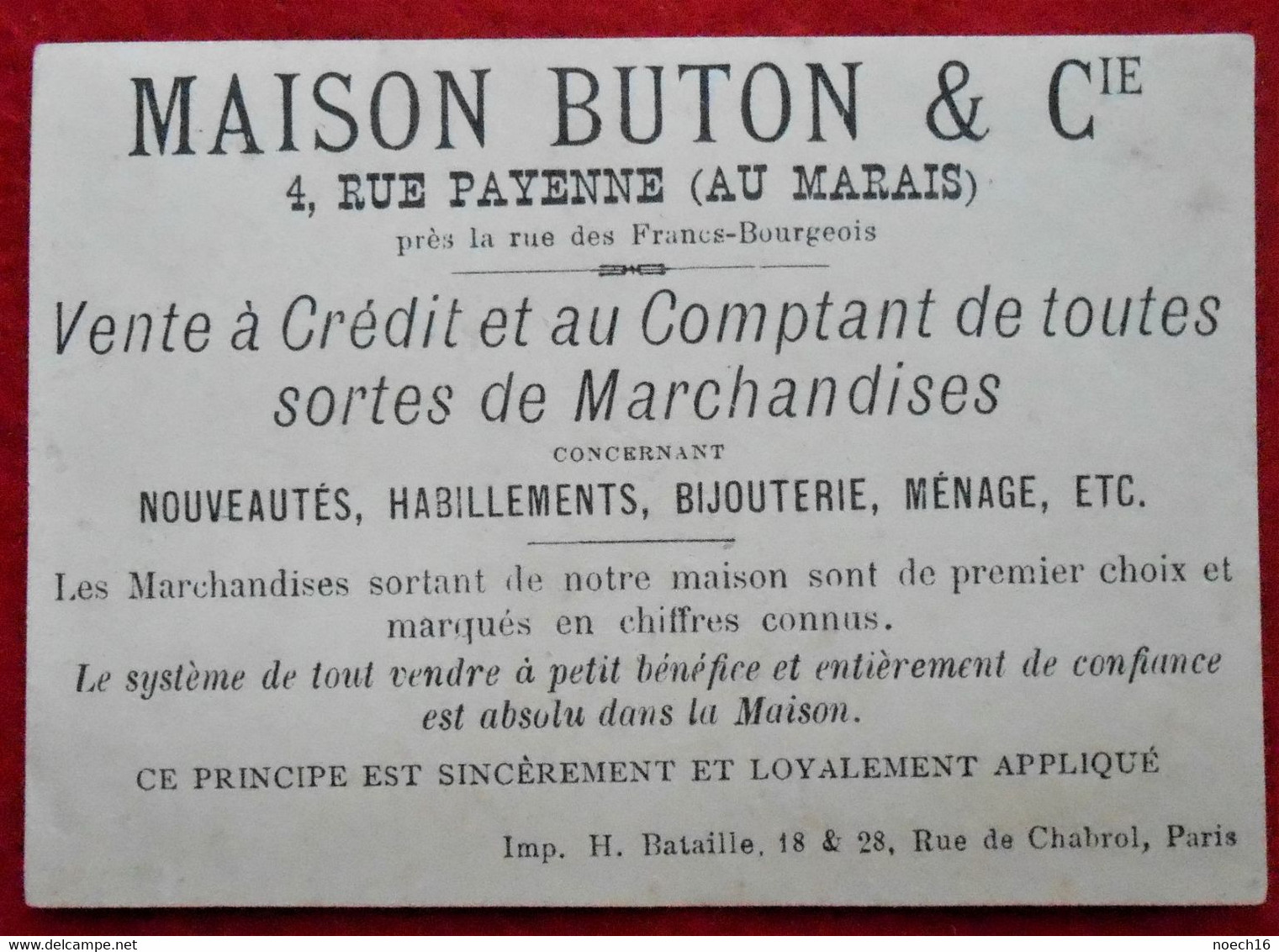 Chromo Publicité, "Vivandière"  Maison Buton, Rue Payenne (au Marais) Paris, Habillement, Bijouterie, Ménage - Sonstige & Ohne Zuordnung