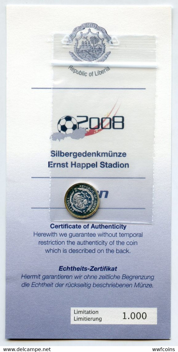 LIBERIA 1 $ 2007 ARGENTO 999 PROOF CAMPIONATI EUROPEI FOOTBALL WIEN STADIUM 1-25 ONCIA 999 CONSERVAZIONE FONDO SPECCHIO - Liberia