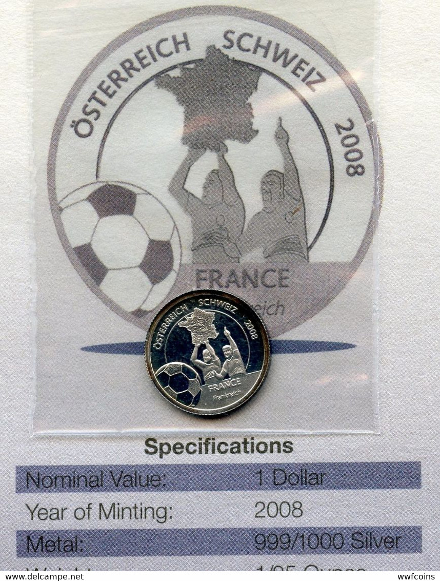 LIBERIA 1 $ 2008 ARGENTO 999 PROOF CAMPIONATI EUROPEI FOOTBALL FRANCIA 1-25 ONCIA 999 CONSERVAZIONE FONDO SPECCHIO CON G - Liberia