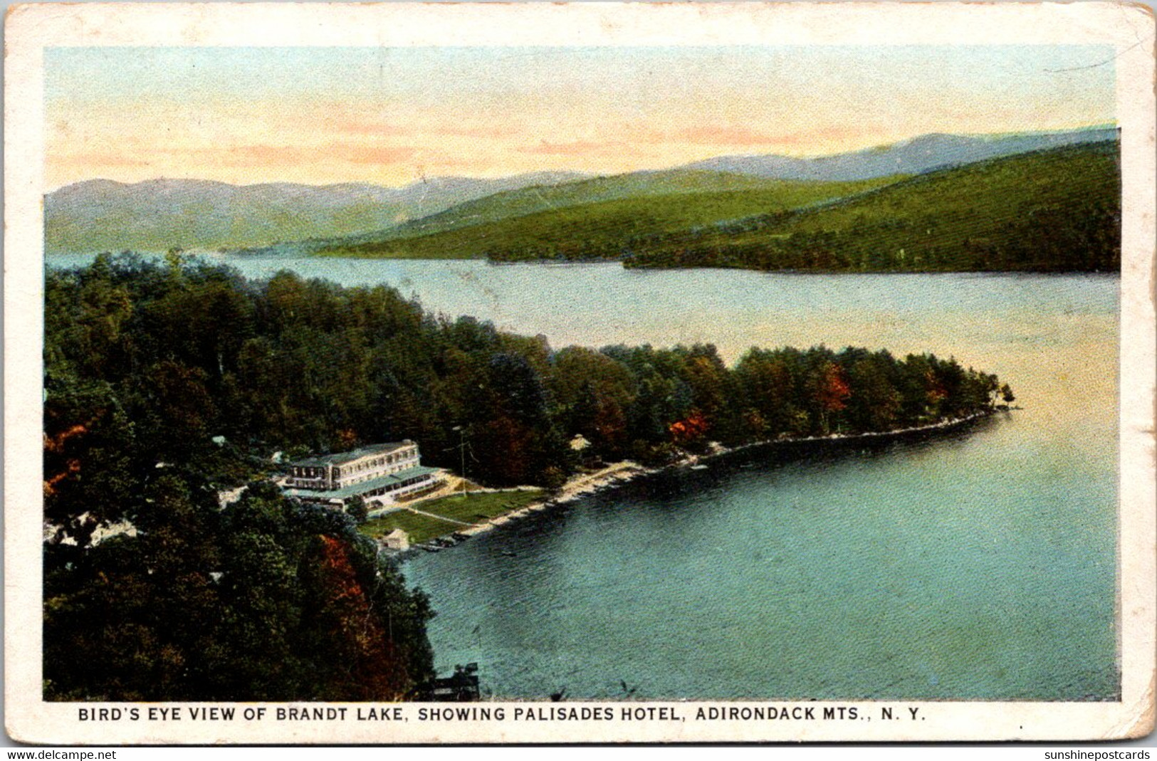 New York Adirondacks Birds Eye View Of Brandt Lake Showing Palisades Hotel 1927 Curteich - Adirondack