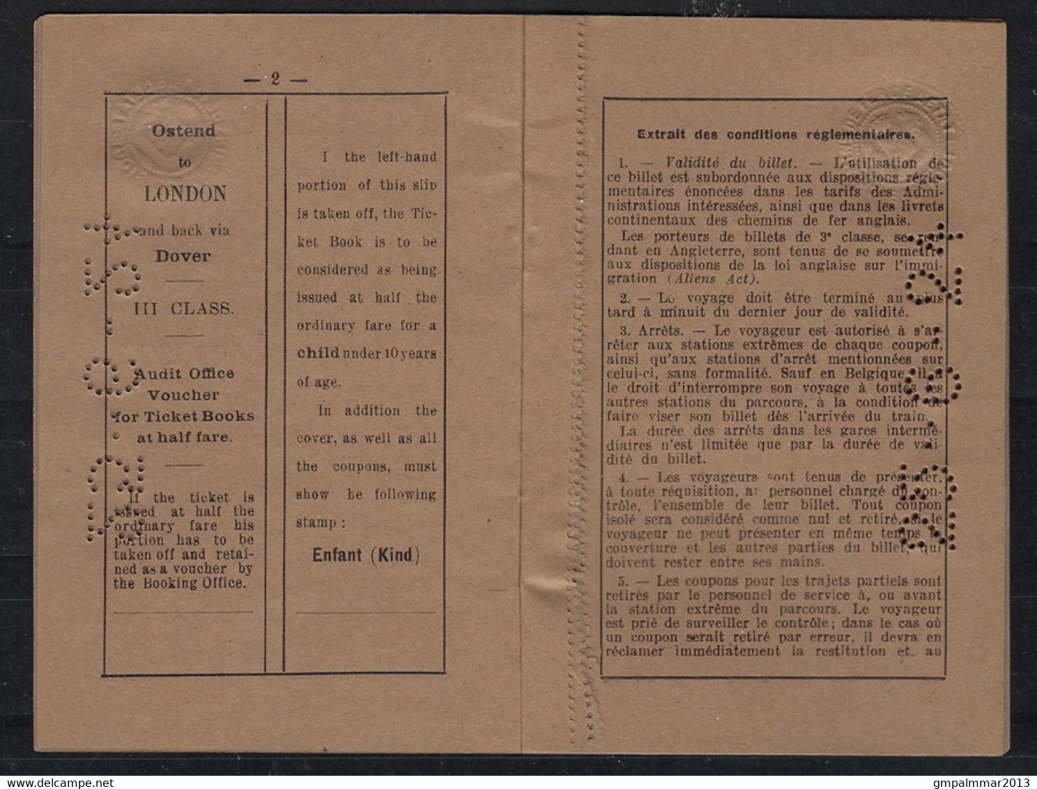 PERFIN CARTE D'ABONNEMENT CHEMINS DE FER OSTENDE à LONDRES 1924 ; Voir 3 Scans ! LOT 301 - Europe