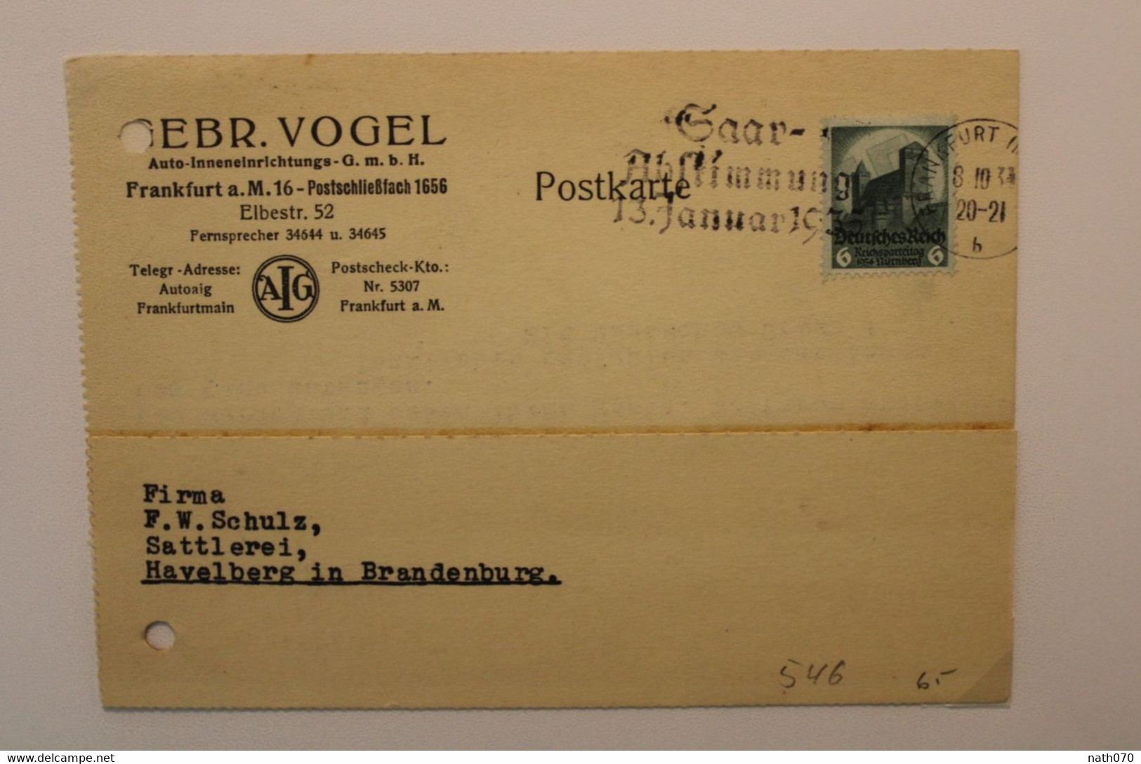 1934 Havelberg Deutsches Dt Reich Cover Mi 546 Saar Oblit Mécanique Méchanische - Briefe U. Dokumente