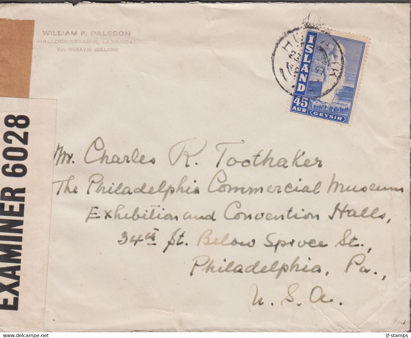 1941. ISLAND. Geysir. 45 Aur Blue On Cover To Philadelphia, Pa, USA Cancelled HUSAVIK 23 V 4... (Michel 217A) - JF529379 - Storia Postale
