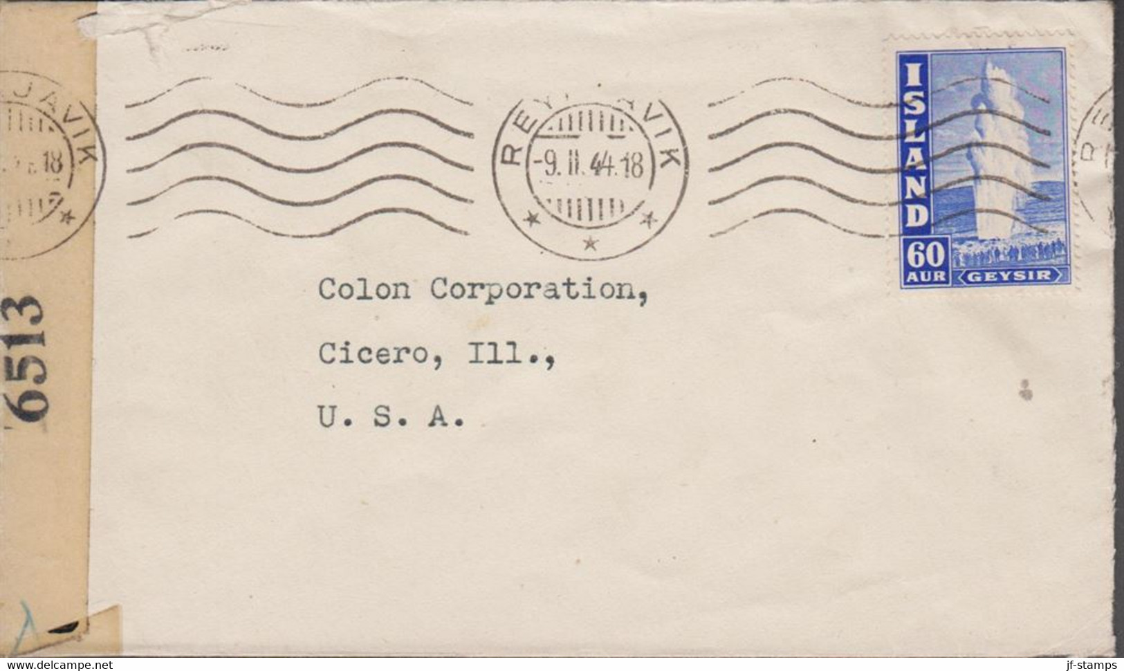 1944. ISLAND. Geysir. 60 Aur Blue Perf 14 On Cover To Cicero, USA Cancelled REYKJAVIK 9. II.... (Michel 229E) - JF529380 - Covers & Documents