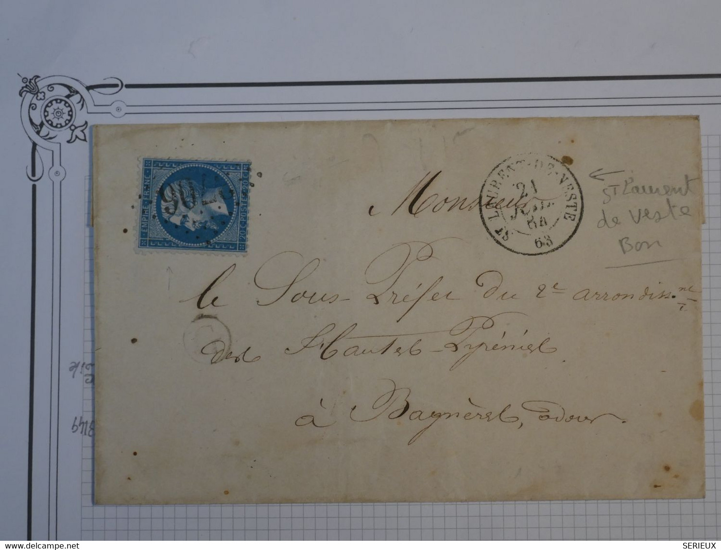 BO3 FRANCE BELLE LETTRE  RR 1864 ST LAURENT DE VESTE A BAGNERES  +N°22++BON CACHET + AFF. INTERESSANT++ - 1862 Napoleon III