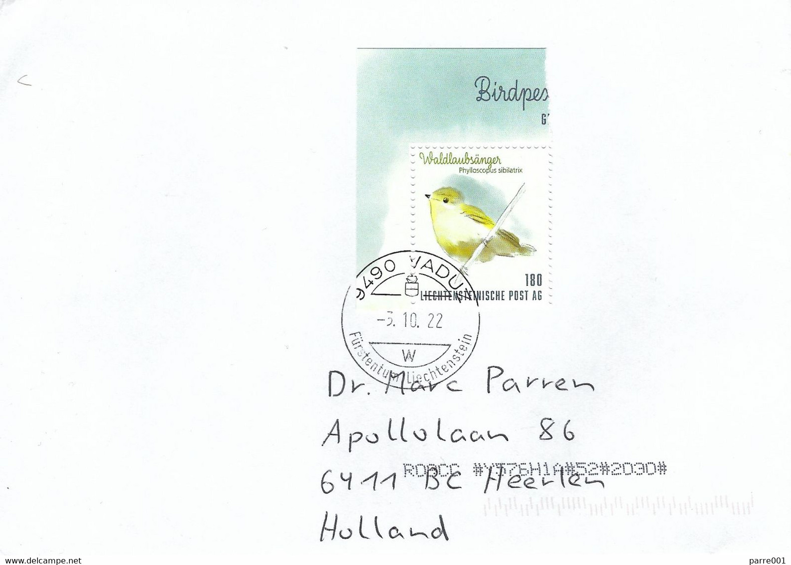 Liechtenstein 2022 Vaduz Wood Warbler Phylloscopus Sibilatrix Cover - Briefe U. Dokumente