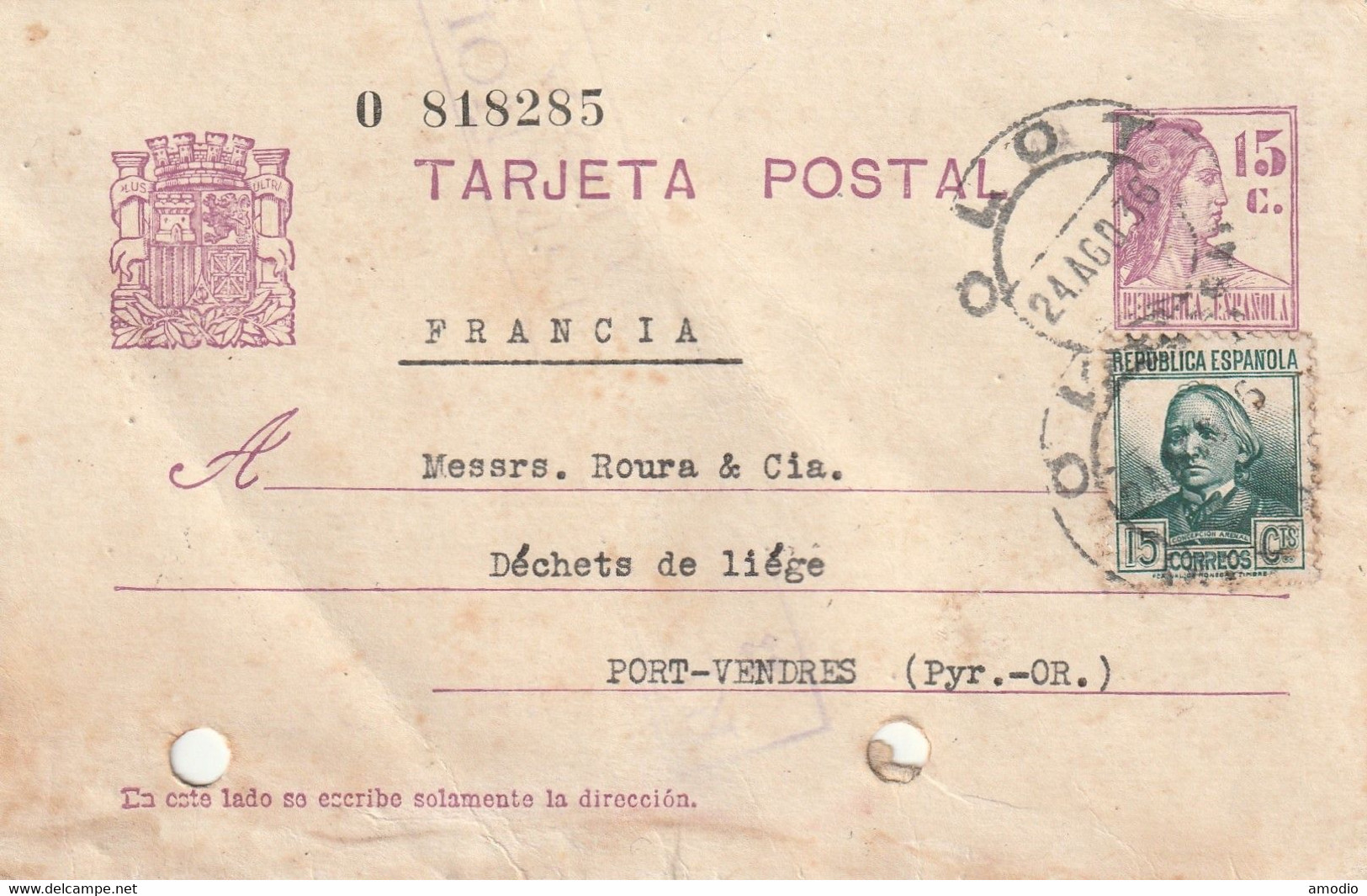 Espagne Entier Postal Matrona Edifil 69 Olot 24/08/36 Pour Port Vendres. MP Rectangulaire Illisible Et Pliure. - 1931-....