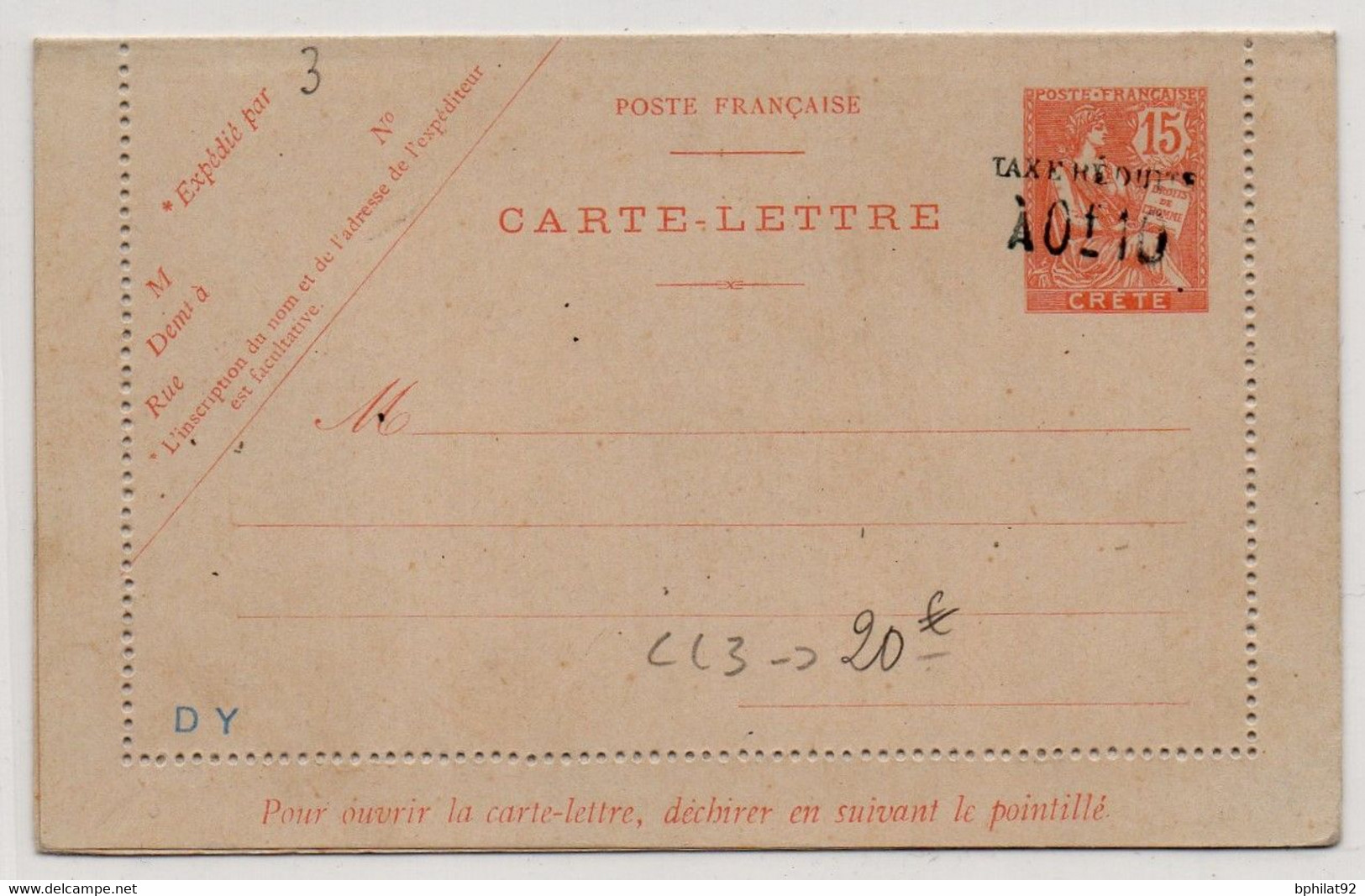 !!! CRETE, ENTIER POSTAL CL3 NEUF - Andere & Zonder Classificatie