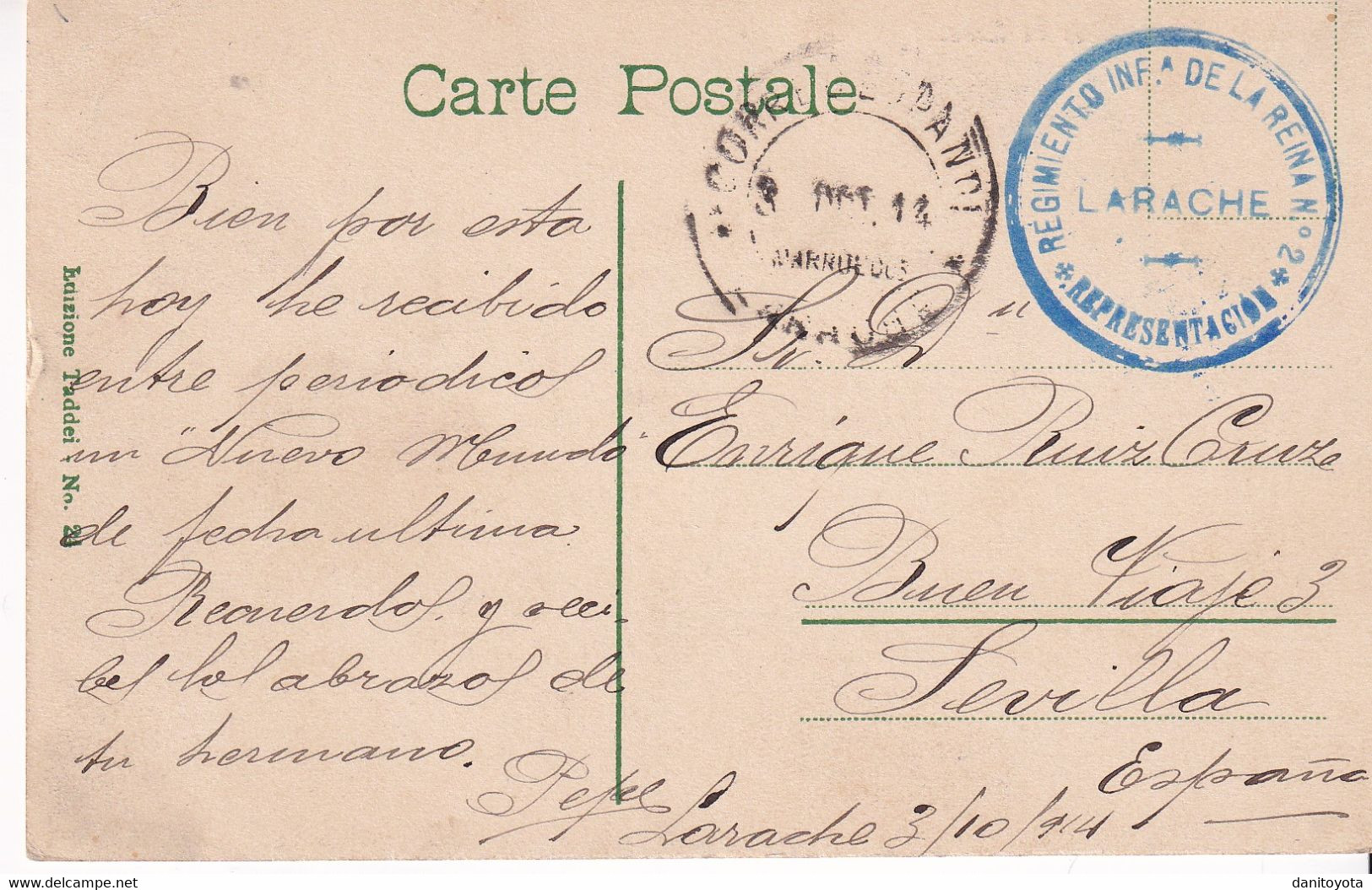 1914. Larache A Sevilla. Postal Circulada Con Franquicia Militar - Melilla