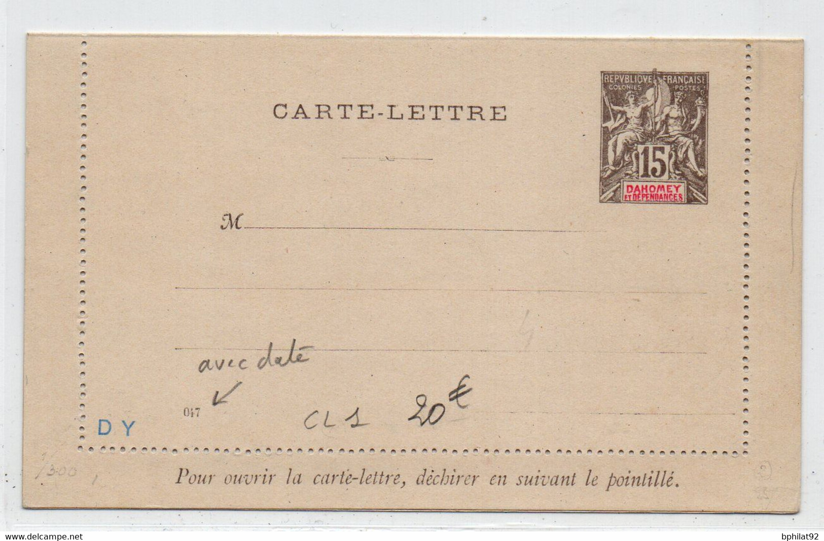 !!! DAHOMEY, ENTIER POSTAL CL1 NEUF - Brieven En Documenten