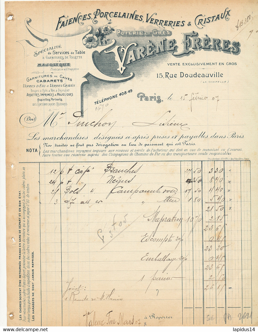 FA 2691  /FACTURE   FAIENCES PORCELAINES VERRERIES VARENE FRERES PARIS  1907 - Droguerie & Parfumerie