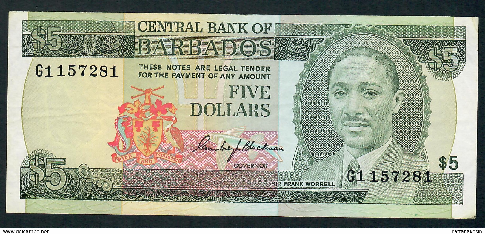 BARBADOS  P32a 5 DOLLARS 1975  #G1 FIRST PREFIX      VF-XF - Barbados (Barbuda)