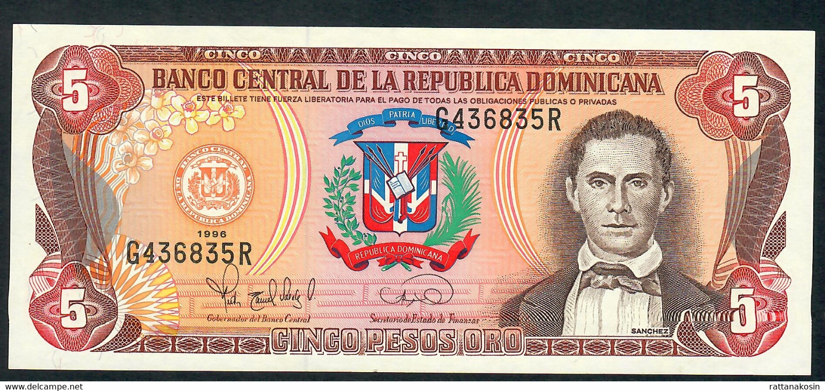 DOMINICAN REPUBLIC P152 5 PESOS ORO 1996 Signature 38 UNC. - Repubblica Dominicana