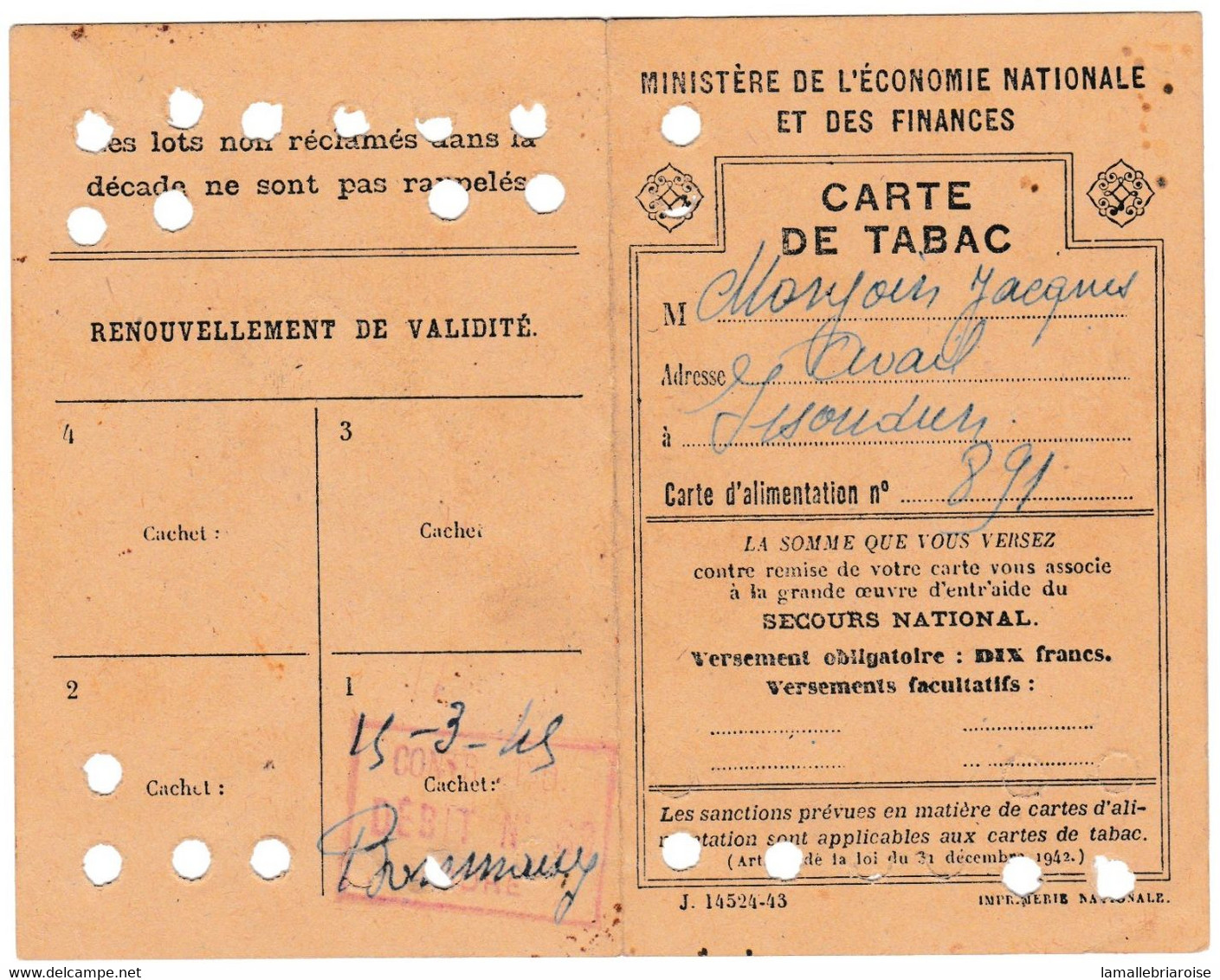 Indre, Issoudun, Fiche De Demande De Carte De Tabac Et Carte De Tabac. - Dokumente