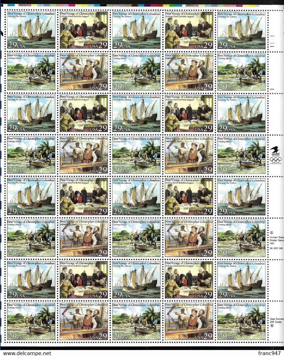 1992 Voyages Of Columbus, Foglio Completo Di 40 # Scott 1877-80 Nuovo MNH - Ganze Bögen