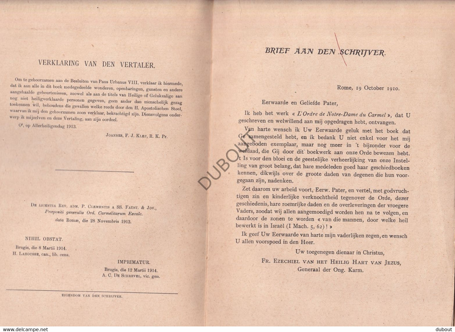 Karmelieten: Orde Onze Lieve Vrouw Van Den Berg Carmel - P. Andreas, Vertaald Door Priester Klep - 1914  (S288) - Antique