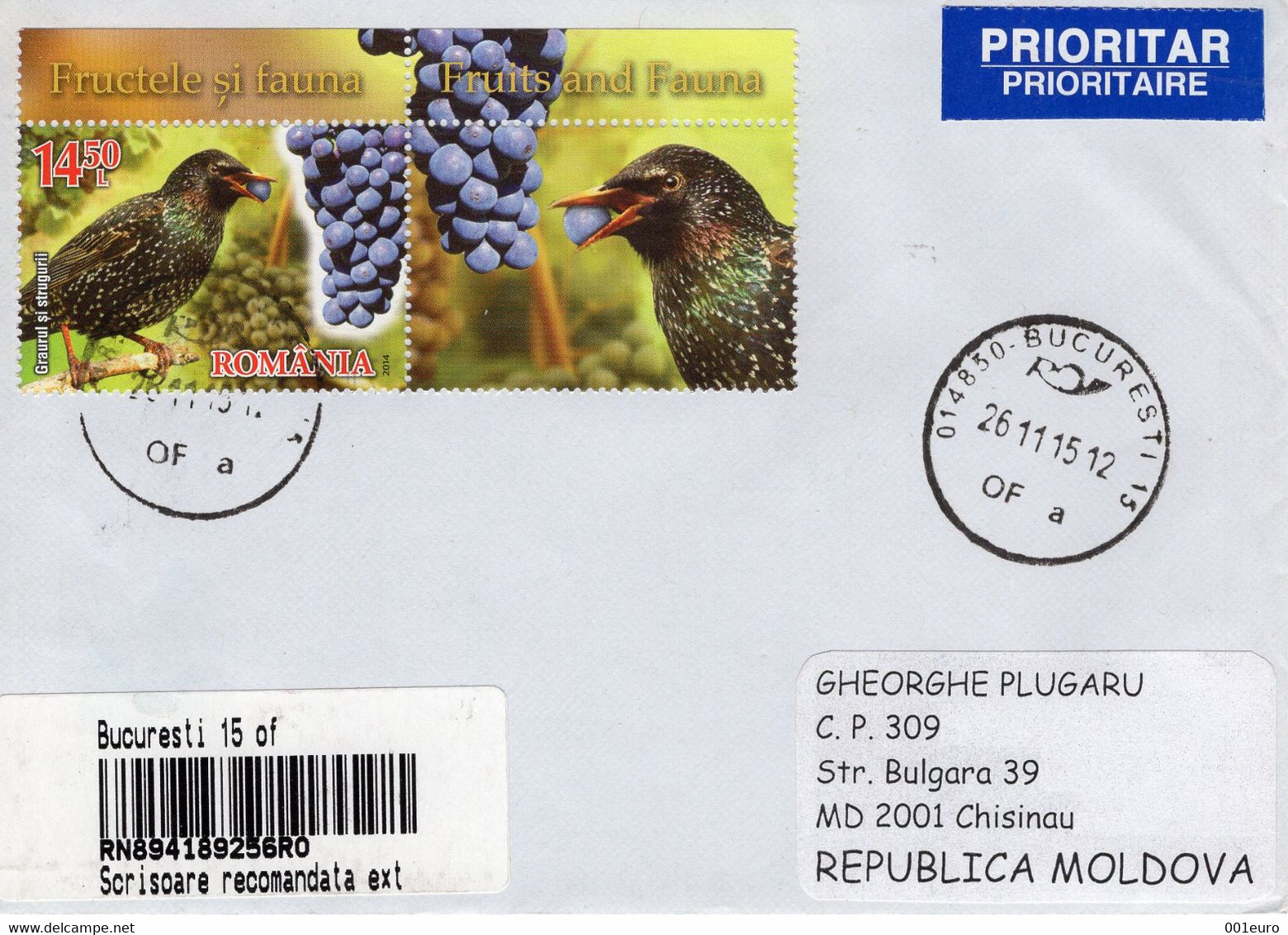 ROMANIA 2015: FRUITS & FAUNA On REGISTERED Cover Circulated To Moldova Republic - Registered Shipping! - Covers & Documents