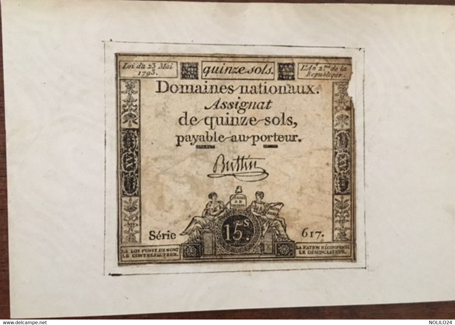 Assignat Sur Support, Domaines Nationaux Assignat De Quinze Sols Payable Au Porteur Série 617 - Assignats