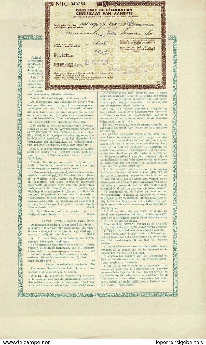 Titre De 1927 - Algemeene Bouwerken Jules Somers & Co - Entreprises Générales Jules Somers & Co - - Industrie